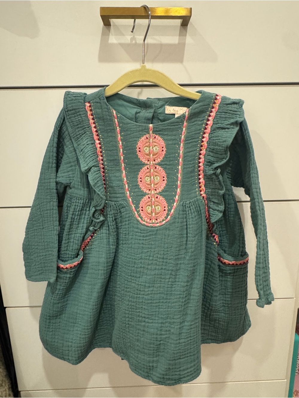 Girls Teal Green Embroidered Ruffle Pocket Dress